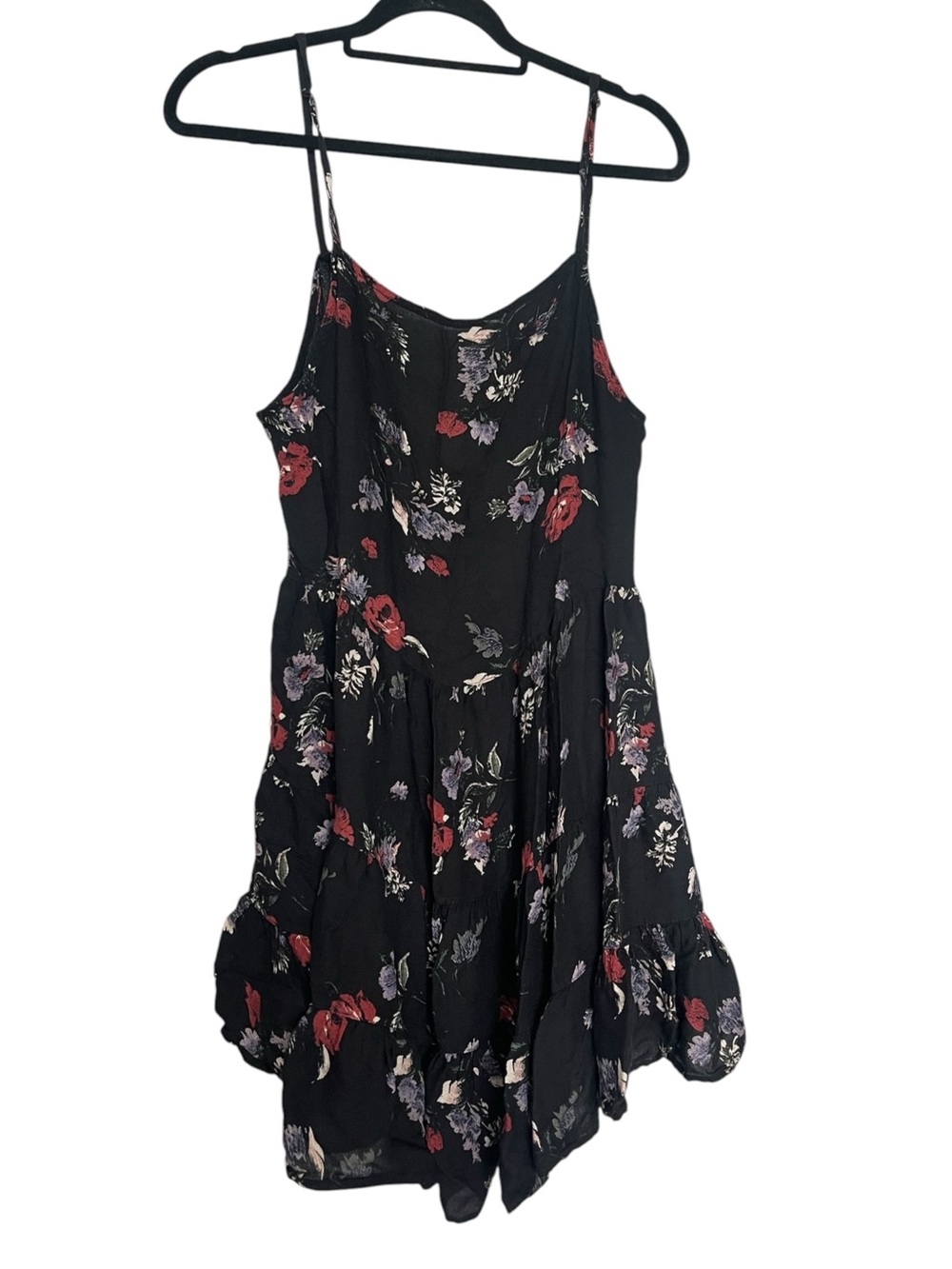 Free People Black Floral Spaghetti-Strap Dress with Red and Purple Blooms
